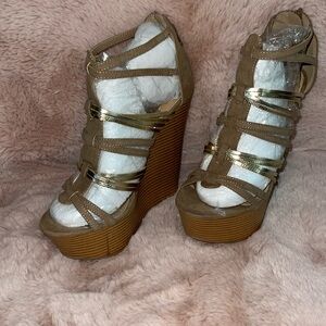 Summer Party Wedges, made of faux suede & leather. 6 in heel & a 2 in platform.